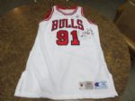 1995-96 Dennis Rodman Chicago Bulls Game Used Game Worn White Jersey signed