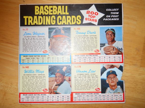 1962 Post Cereal baseball card uncut sheet Willie Mays +