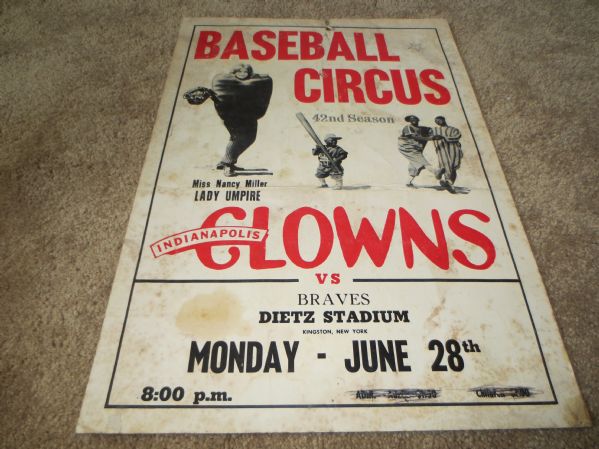 Circa 1975 Indianapolis Clowns vs. Braves Negro League baseball Broadside Kingston, NY
