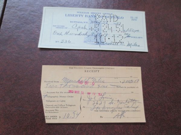 Joe Louis Western Union Receipt plus signed check of manager Marshall Miles