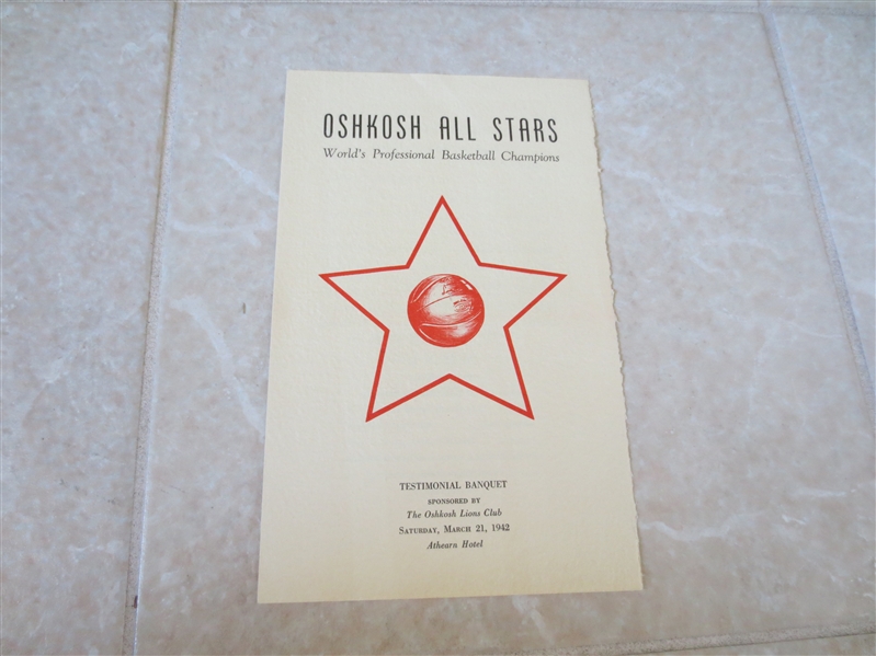 1942 Oshkosh All Stars World's Pro Basketball Champions Banquet Program
