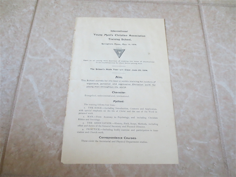 1894 YMCA Training School Program with James Naismith listed in faculty   WOW!