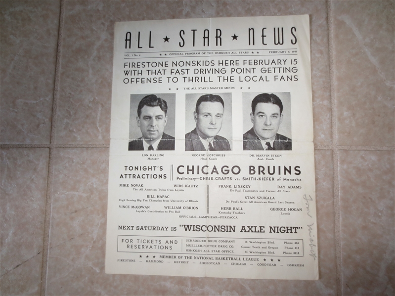 Autographed 1941 Oshkosh All Stars program with 12 autographs vs. Chicago Bruins