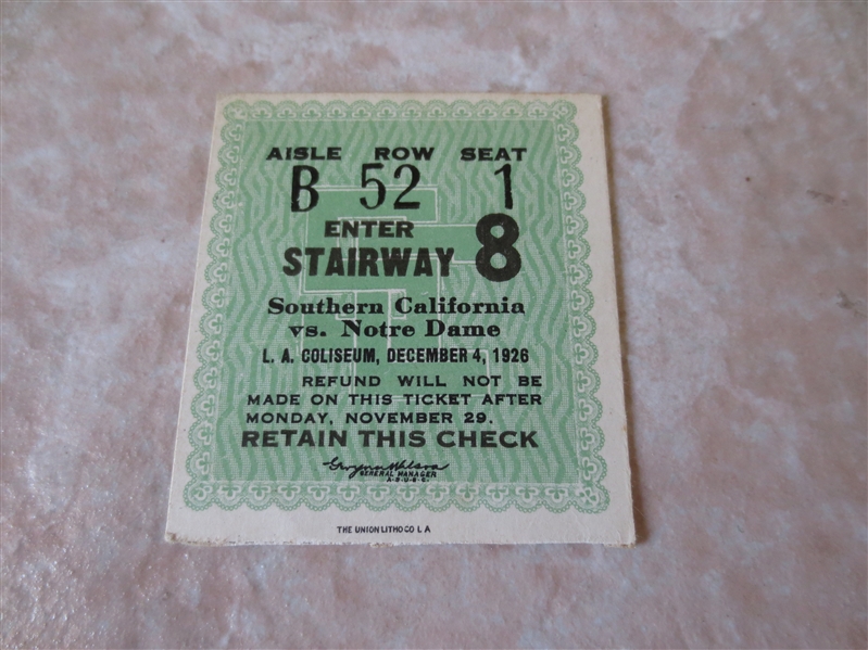1926 Notre Dame at USC football ticket stub