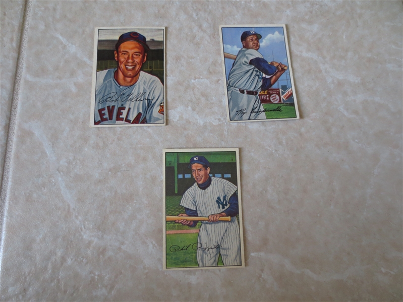 (3) 1952 Bowman Hall of Famers baseball cards: Bob Feller #43, Roy Campanella #44, and Phil Rizzuto #52