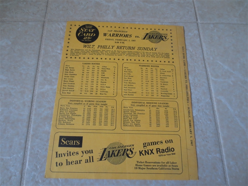1967 San Francisco Warriors at Los Angeles Lakers scorecard West, Baylor, Barry, Thurmond