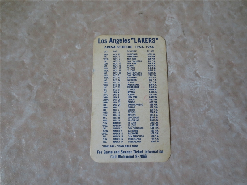 1963-64 Los Angeles Lakers pocket schedule  VERY RARE