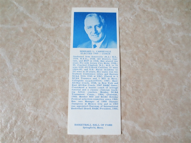 1969 Bernard L. Carnevale Hall of Fame Bookmark   RARE!