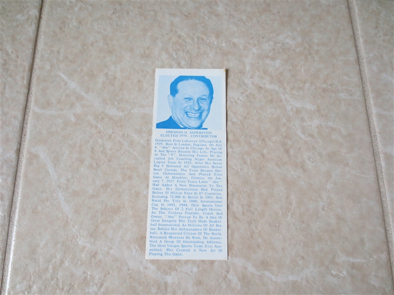 1970 Abe Saperstein Hall of Fame bookmark  RAREST OF THE RARE!  Super condition!