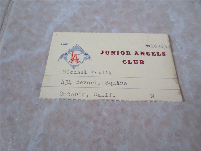 1963 Los Angeles Angels Junior Angels Club Membership Card  Neat!
