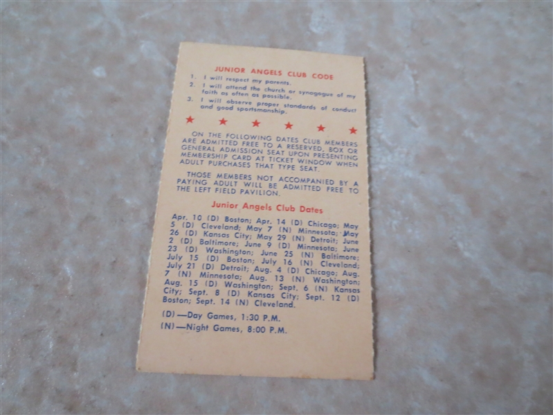 1963 Los Angeles Angels Junior Angels Club Membership Card  Neat!
