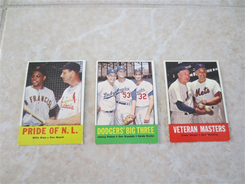 (3) 1963 Topps HOF baseball cards: Pride of NL, Dodgers' Big Three, Veteran Masters