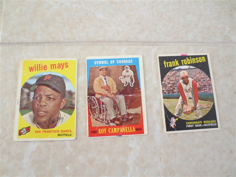 (3) 1959 Topps baseball card HOFers: Willie Mays, Campanella, Frank Robinson