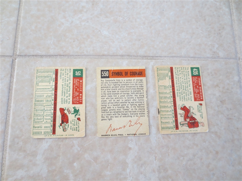 (3) 1959 Topps baseball card HOFers: Willie Mays, Campanella, Frank Robinson