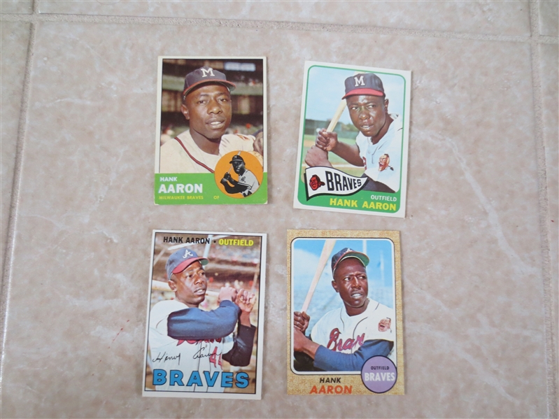 1963, 65, 67, 68 Topps Hank Aaron baseball cards in super condition!