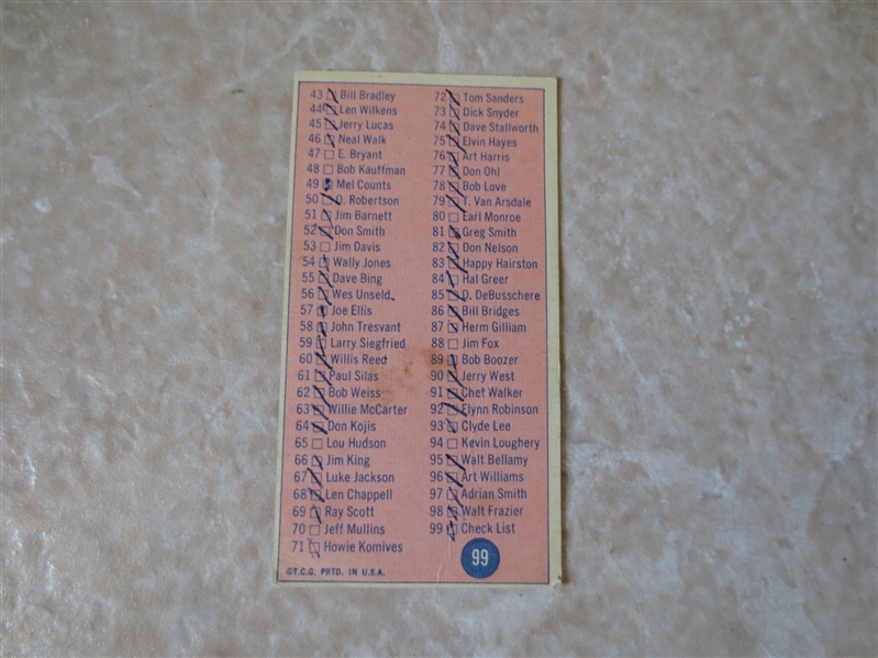 1969-70 Topps Basketball Check List card #99  Marked
