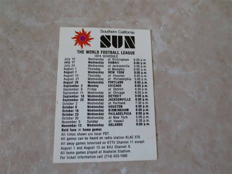 1974 Southern California Sun WFL pocket schedule  Continental Airlines  Tough!
