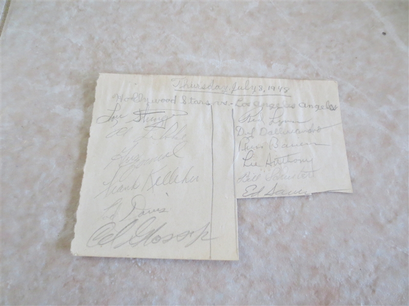 1948 Hollywood Stars-Los Angeles Angels PCL Autograph Sheet with 12 autographs