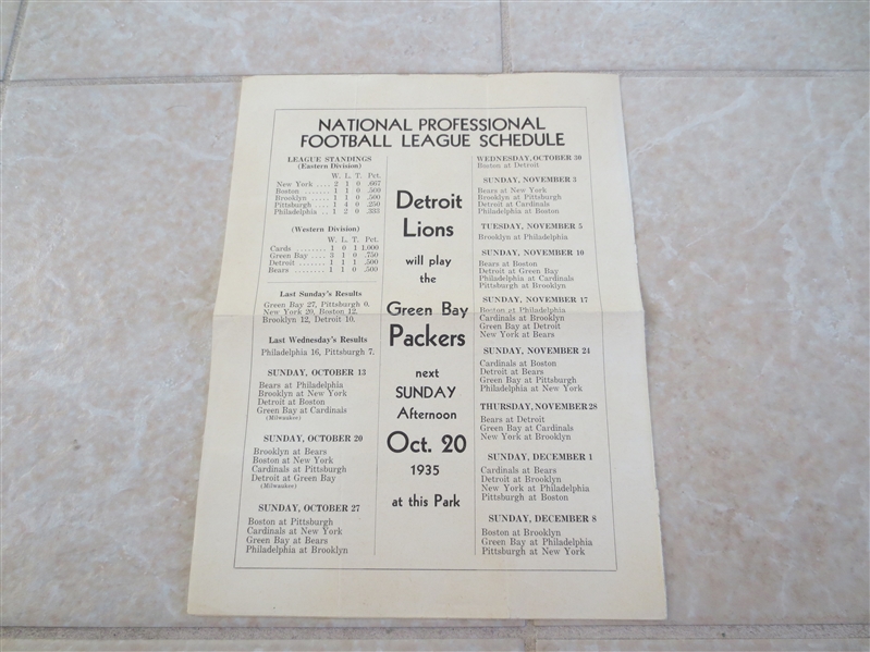 1935 Chicago Cardinals at Green Bay Packers football scorecard