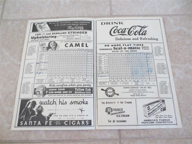 1939 San Francisco Seals at Los Angeles Angels PCL program/scorecard