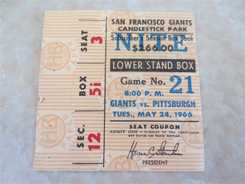1966 Pittsburgh Pirates at San Francisco Giants ticket stub McCovey HR, Mays  2RBI, Clemente 0-4