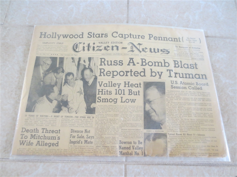 1949 Hollywood Stars Capture Baseball Pennant Full Newspaper  PCL