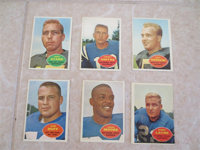 (6) 1960 Topps Football Cards:  Unitas, Starr, Huff, Moore, Hornung, Layne