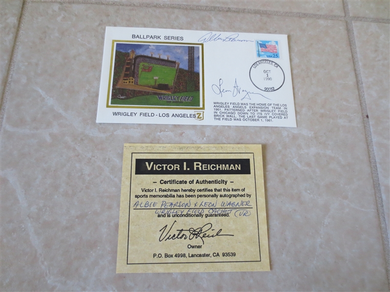 1990 Autographed Albie Pearson and Leon Wagner Postcard Cachet LA Wrigley Field 1961
