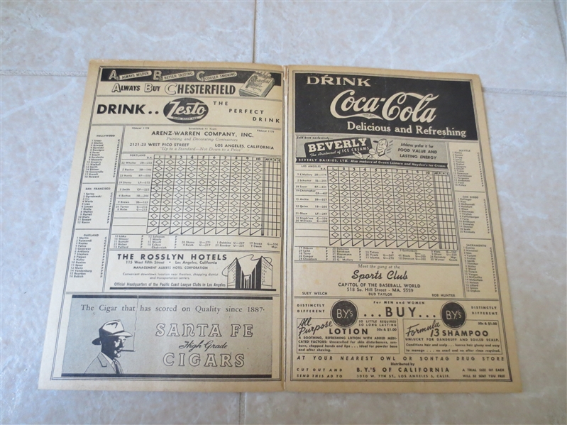 1946 Portland Beavers at Los Angeles Angels unscored PCL baseball program