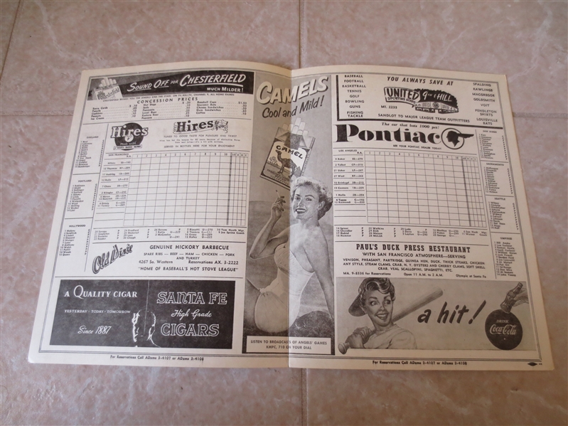 1952 San Francisco Seals at Los Angeles Angels unscored PCL baseball program