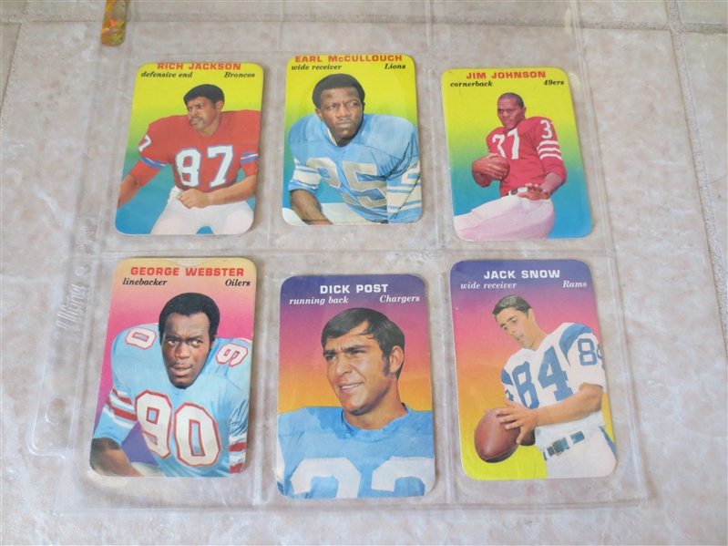 (6) 1970 Topps Super Glossy football cards: Jackson, McCullouch, Johnson, Post, Webster, Snow