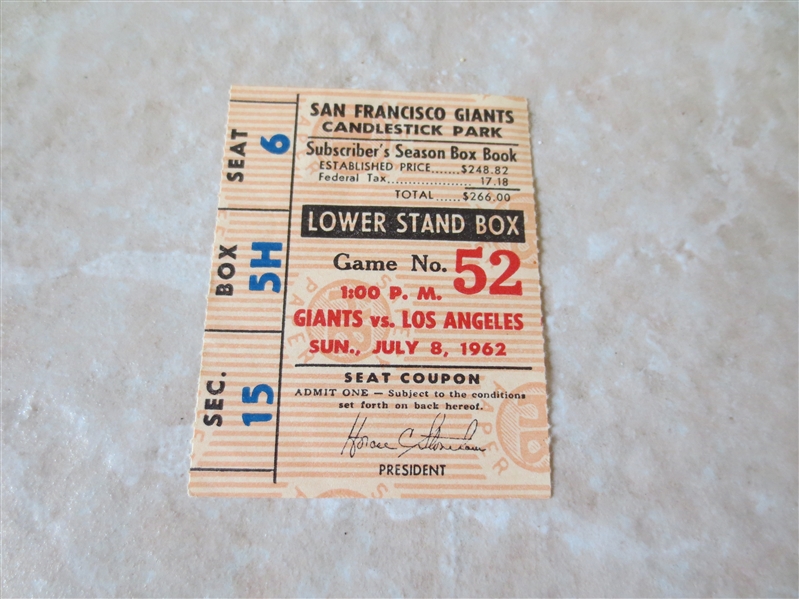1962 Koufax Wins Shutout Ticket Stub Los Angeles Dodgers at San Francisco Giants