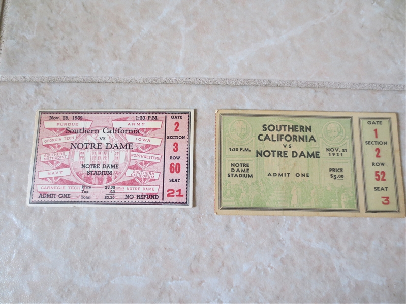 1931 and 1938 USC at Notre Dame football ticket stubs