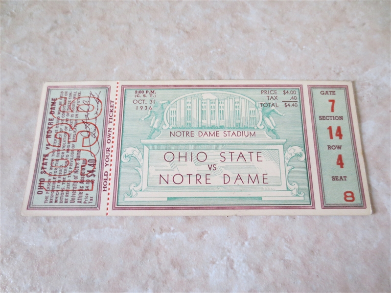 1936 Ohio State at Notre Dame FULL football ticket  WOW!