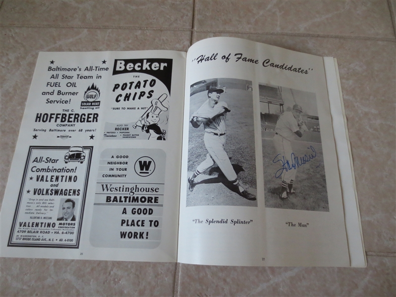 Autographed Stan Musial 1958 All Star Baseball program unscored Memorial Stadium Baltimore