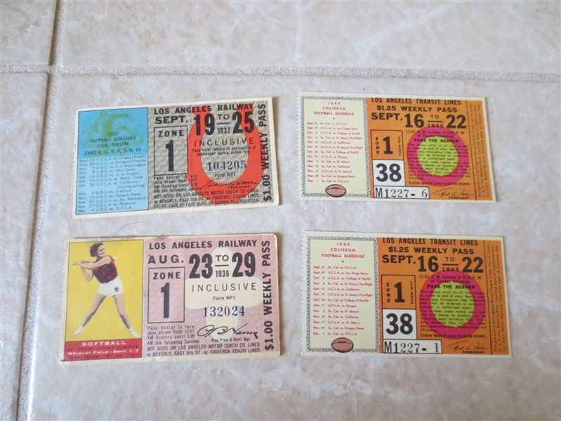 (4) 1936-45 Los Angeles Railway and Transit Lines College Football and Softball tickets/schedules