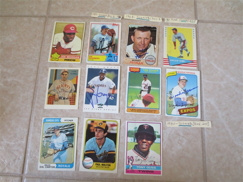 (11) Autographed baseball cards: Burleigh Grimes, Gwynn, Seaver, Morgan, Hubbell, Oliva, Quisenberry, etc.