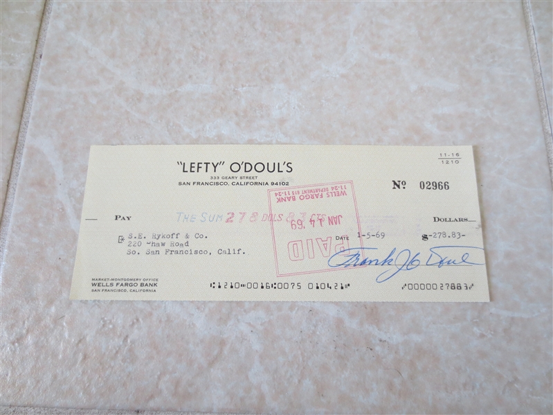 Autographed Lefty O'Doul check signed just before he died from his restaurant