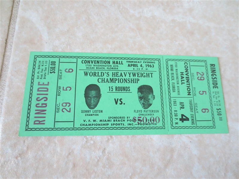 1963 Sonny Liston vs. Floyd Patterson Heavyweight Championship Full Ticket Mint condition