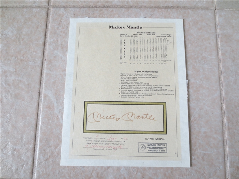 Autographed Mickey Mantle Achievement Page with Notary