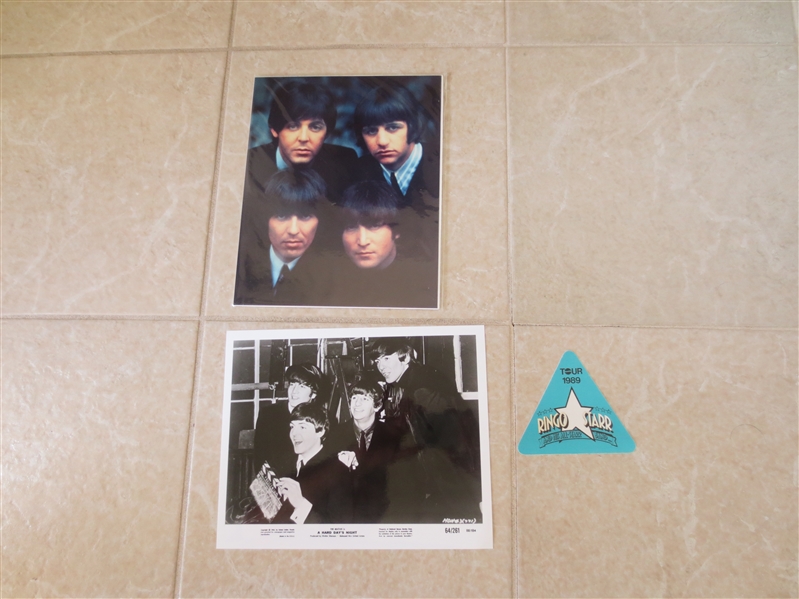 The Beatles Package:  2 photos plus Ringo Starr All Star Band 1989 Tour Badge