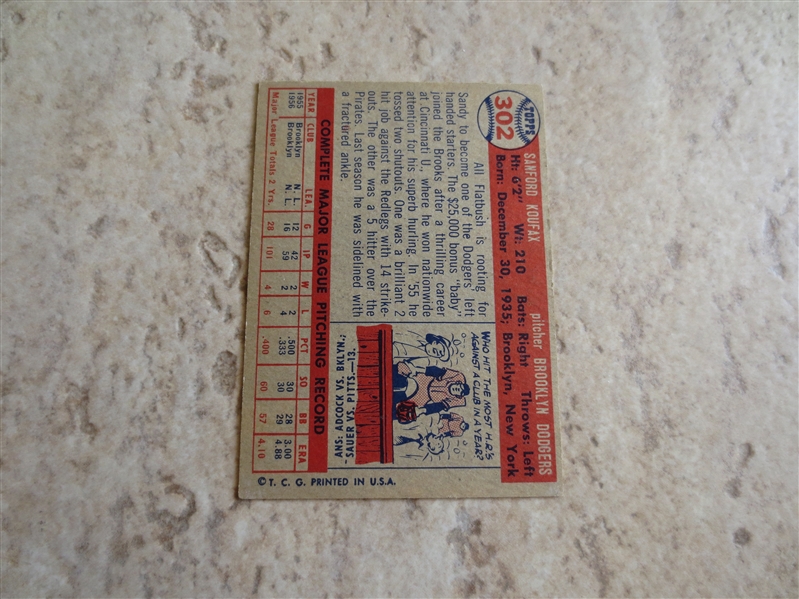 1957 Topps Sandy Koufax baseball card #302 in very nice condition