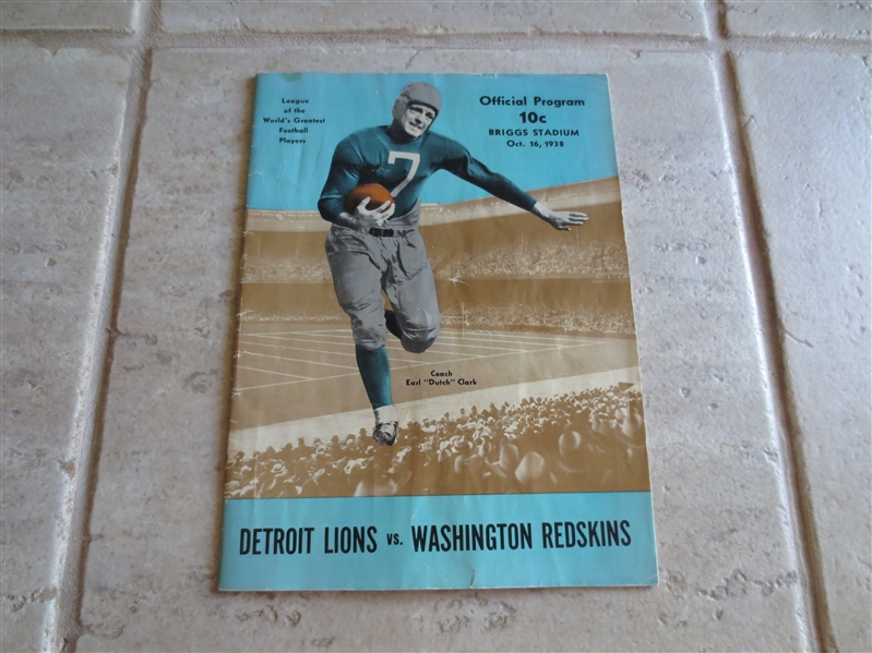 1938 Washington Redskins at Detroit Lions football program in excellent condition