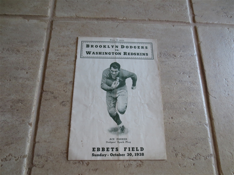 1938 Washington Redskins at Brooklyn Dodgers football program in excellent condition