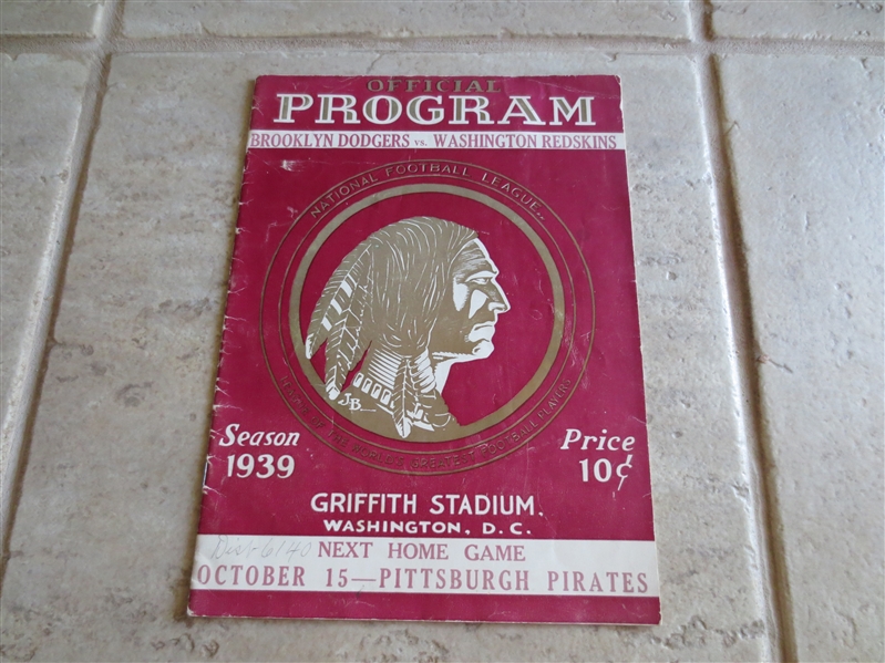 1939 Brooklyn Dodgers at Washington Redskins football program in excellent condition