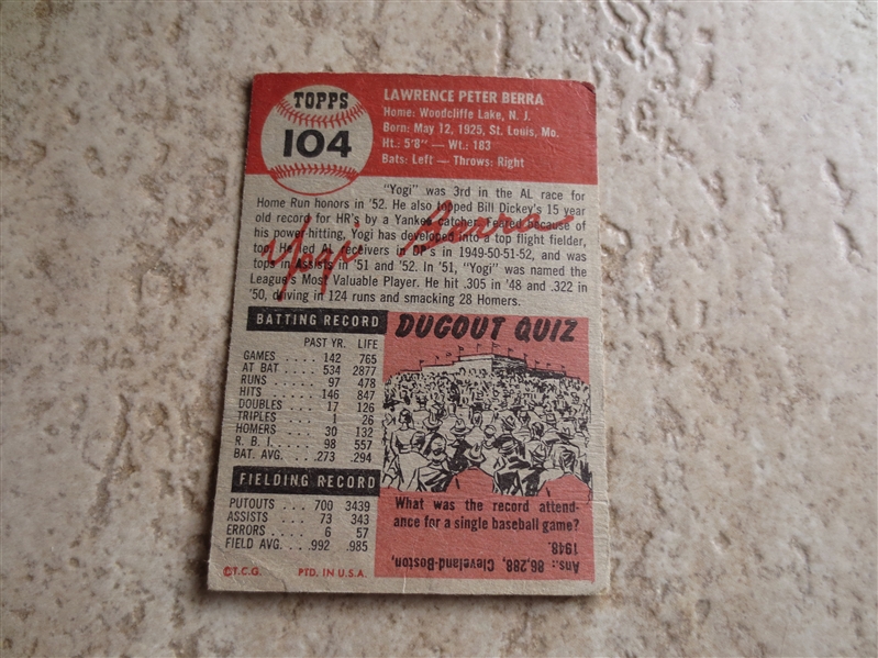1953 Topps Yogi Berra baseball card #104 in affordable condition