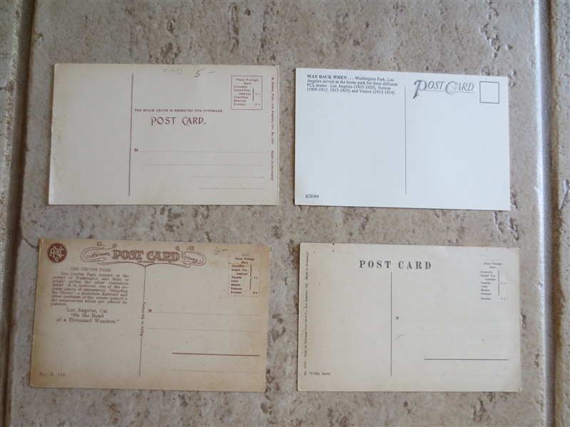 (4) PCL Los Angeles Angels Postcards of early stadiums: Chutes Park and Washington Park