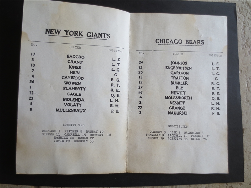 1932 Chicago Bears at New York Giants Football Program  Grange, Nagurski