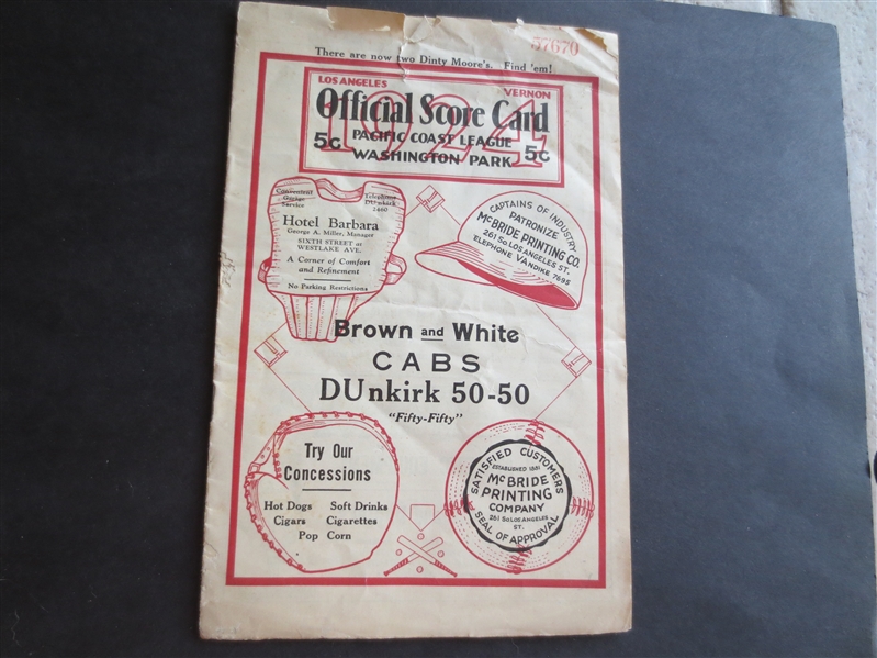 1924 Vernon Tigers vs. Los Angeles Angels Pacific Coast League PCL Baseball Program RARE!