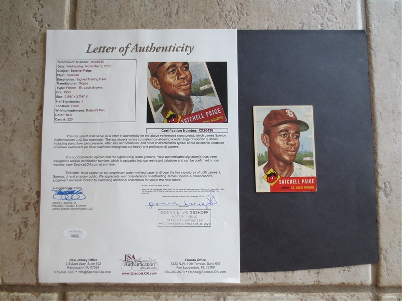 Autographed Satchell Paige 1953 Topps Baseball Card with Letter of Authenticity from JSA Jimmy Spence  WOW!